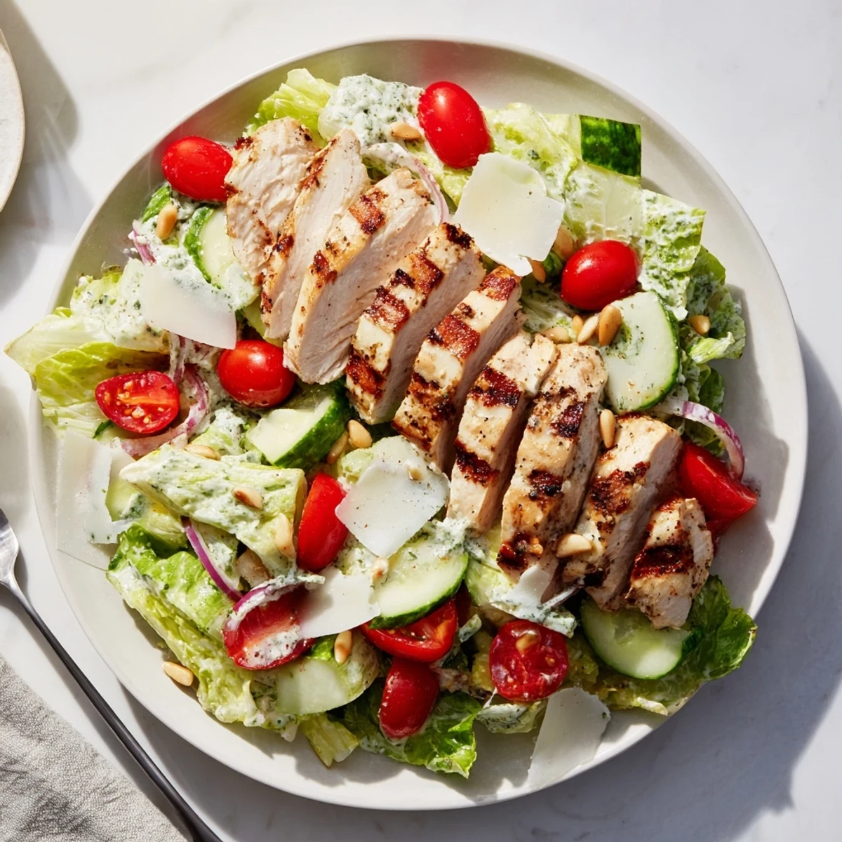Grilled chicken Caesar pasta-less bowl featuring juicy chicken, crisp romaine, and creamy dressing, perfect meal.
