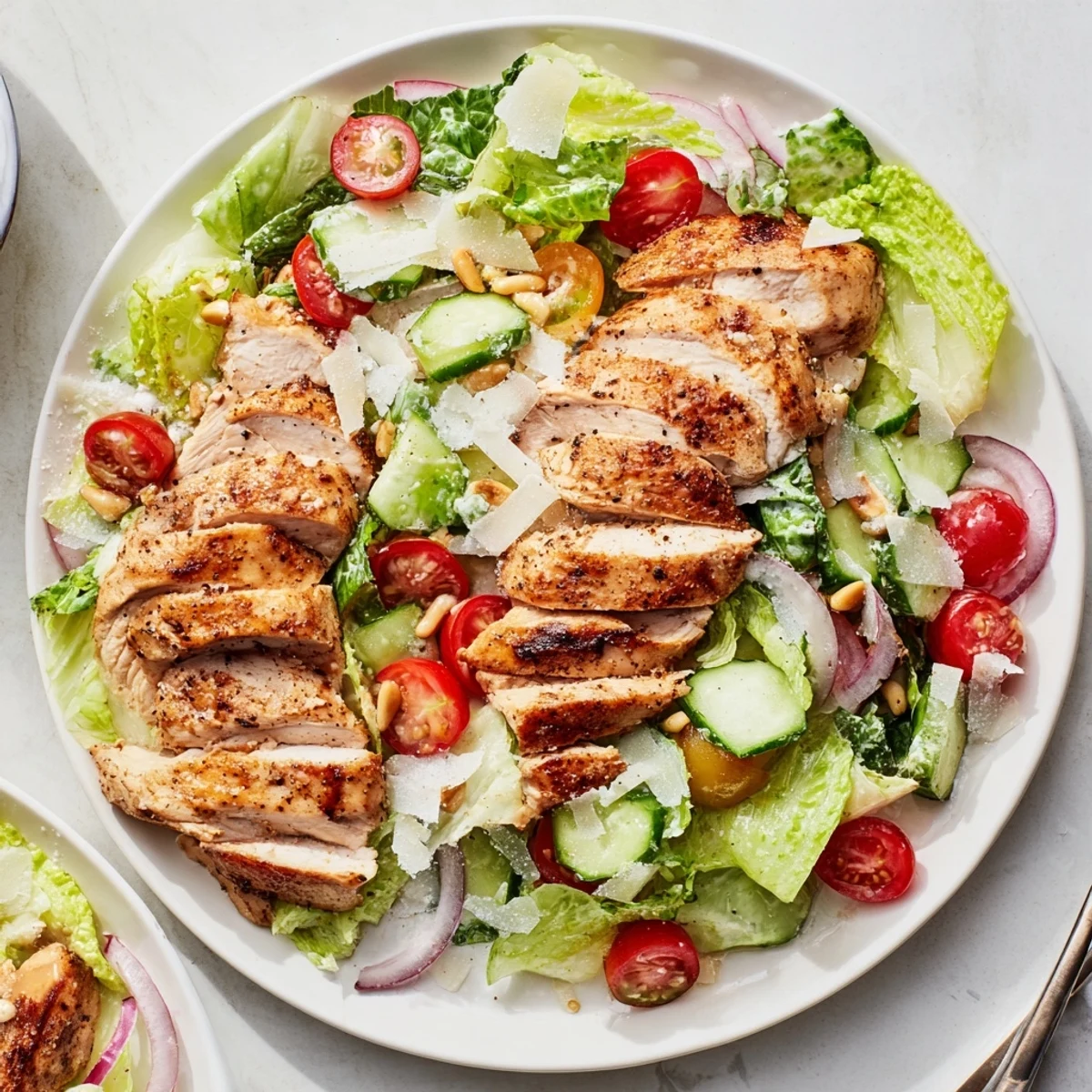 Fresh and flavorful Chicken Caesar pasta-less bowl: grilled chicken with Parmesan, tomatoes, and a delightful dressing.