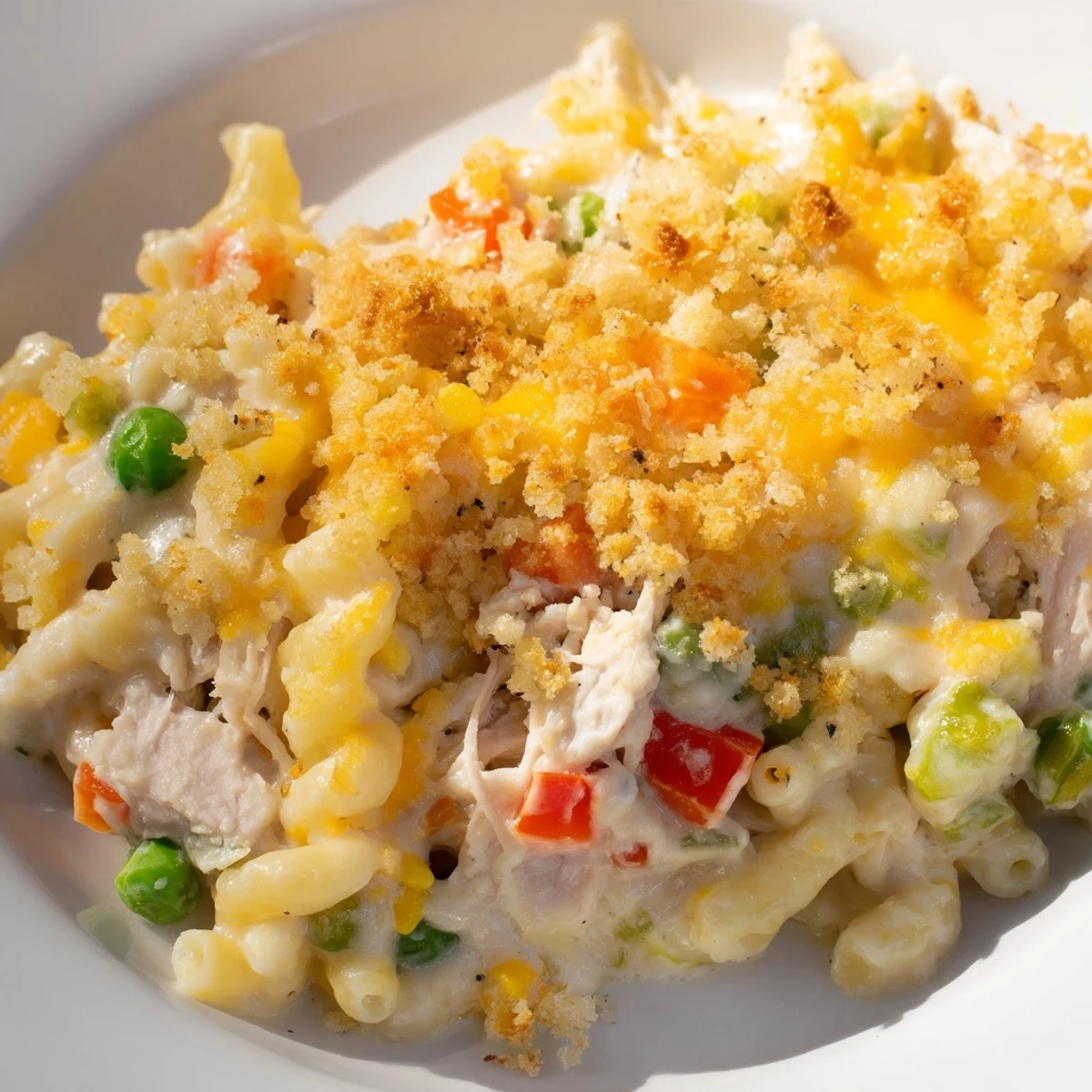 Creamy Chicken Macaroni Southern Style, topped with golden cheese and buttery crackers, bubbling.