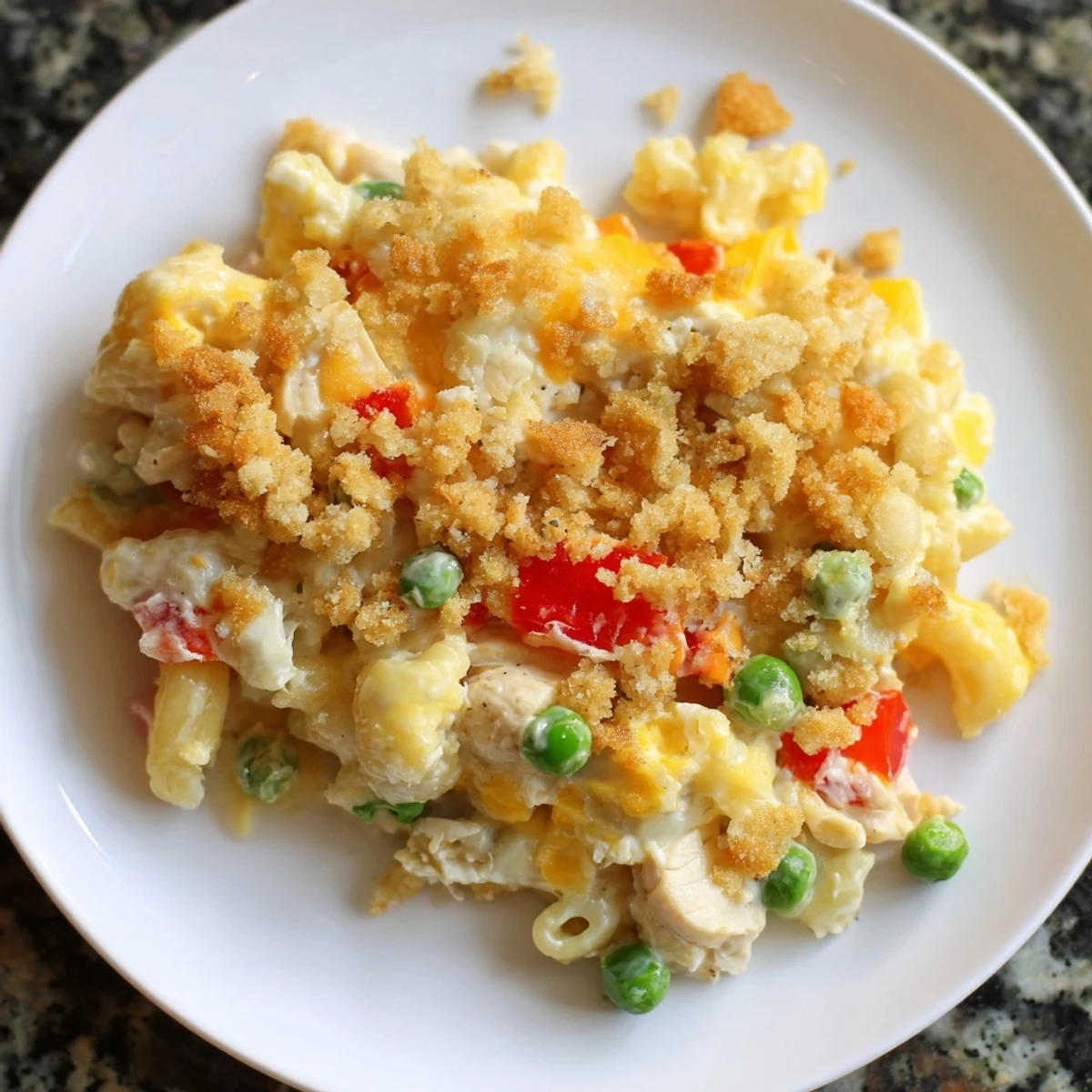 Hearty Chicken Macaroni Southern Style: a casserole with visible bits of red pepper and egg.