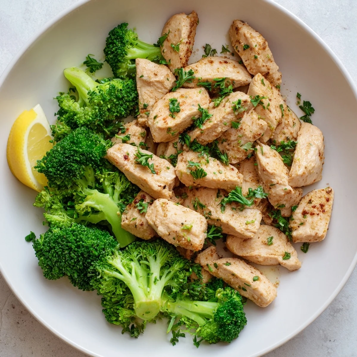 Tender Microwave-Steamed Chicken and Broccoli plated with parsley, a balanced, healthy main course.