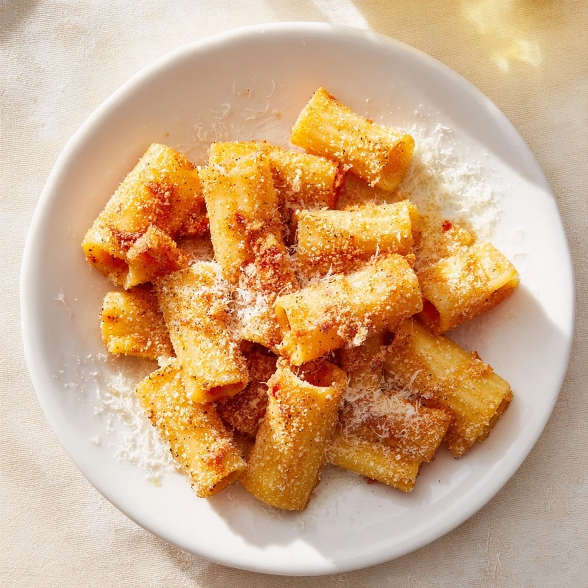 Golden brown Air Fryer Pasta Croutons, perfectly crispy and ready to top a fresh Caesar salad.