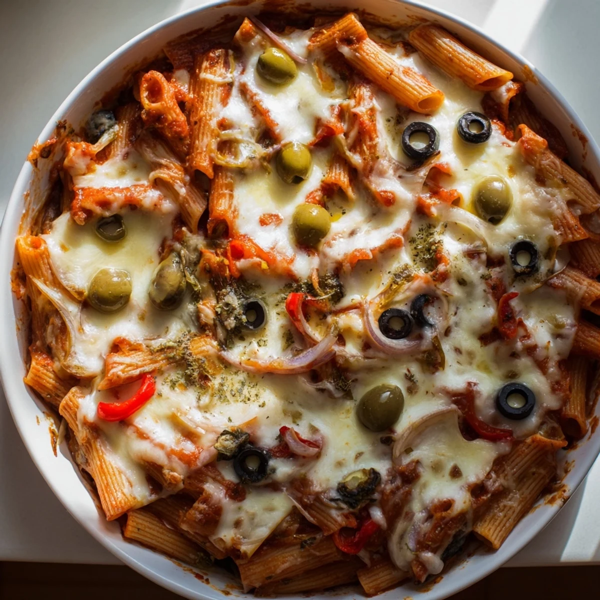 Steaming hot One-Pot Pizza Pasta Express, a family favorite brimming with melted mozzarella and pepperoni.