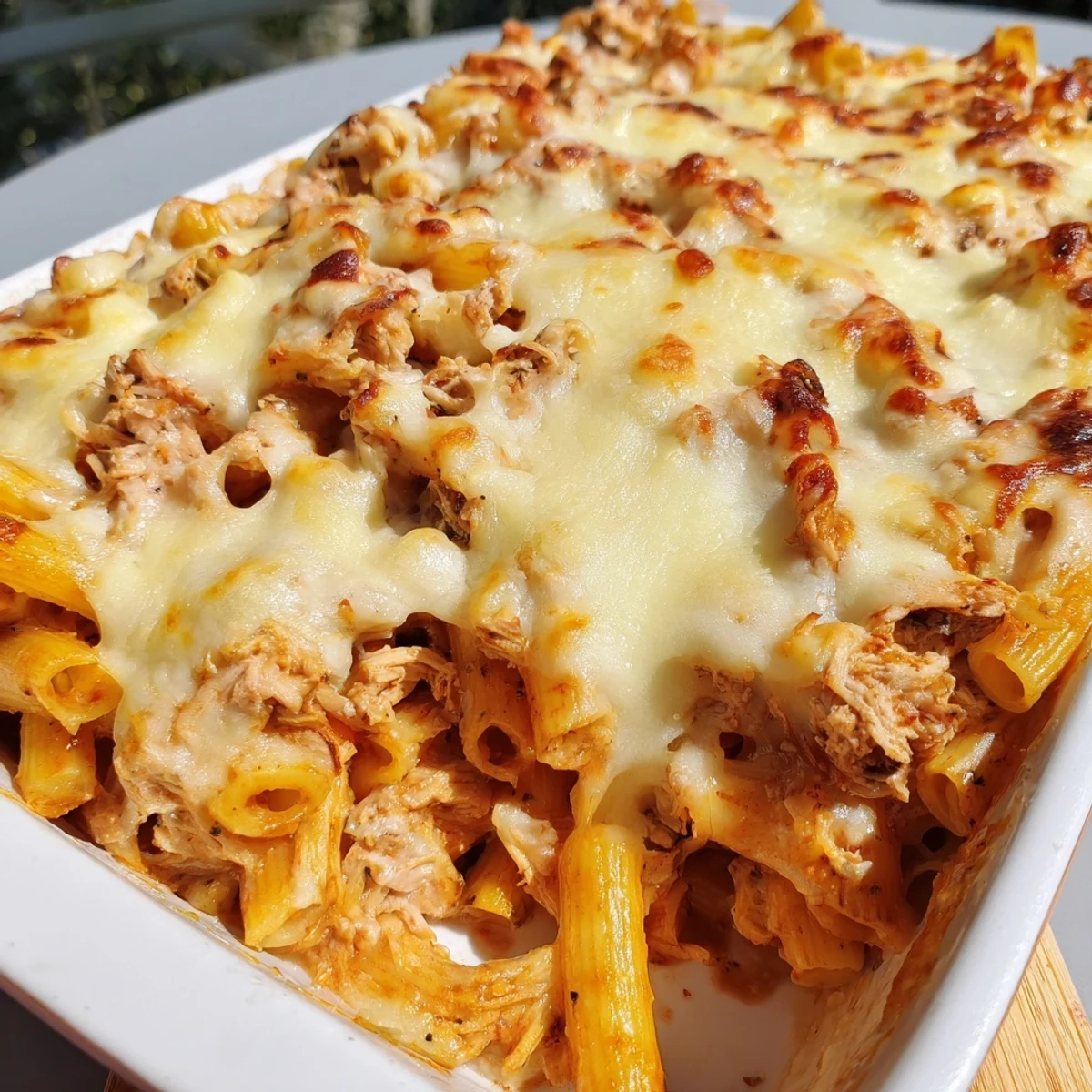 Steaming hot Moist Maker Pasta Casserole with bubbling cheese, gravy-soaked layers, and tender turkey.