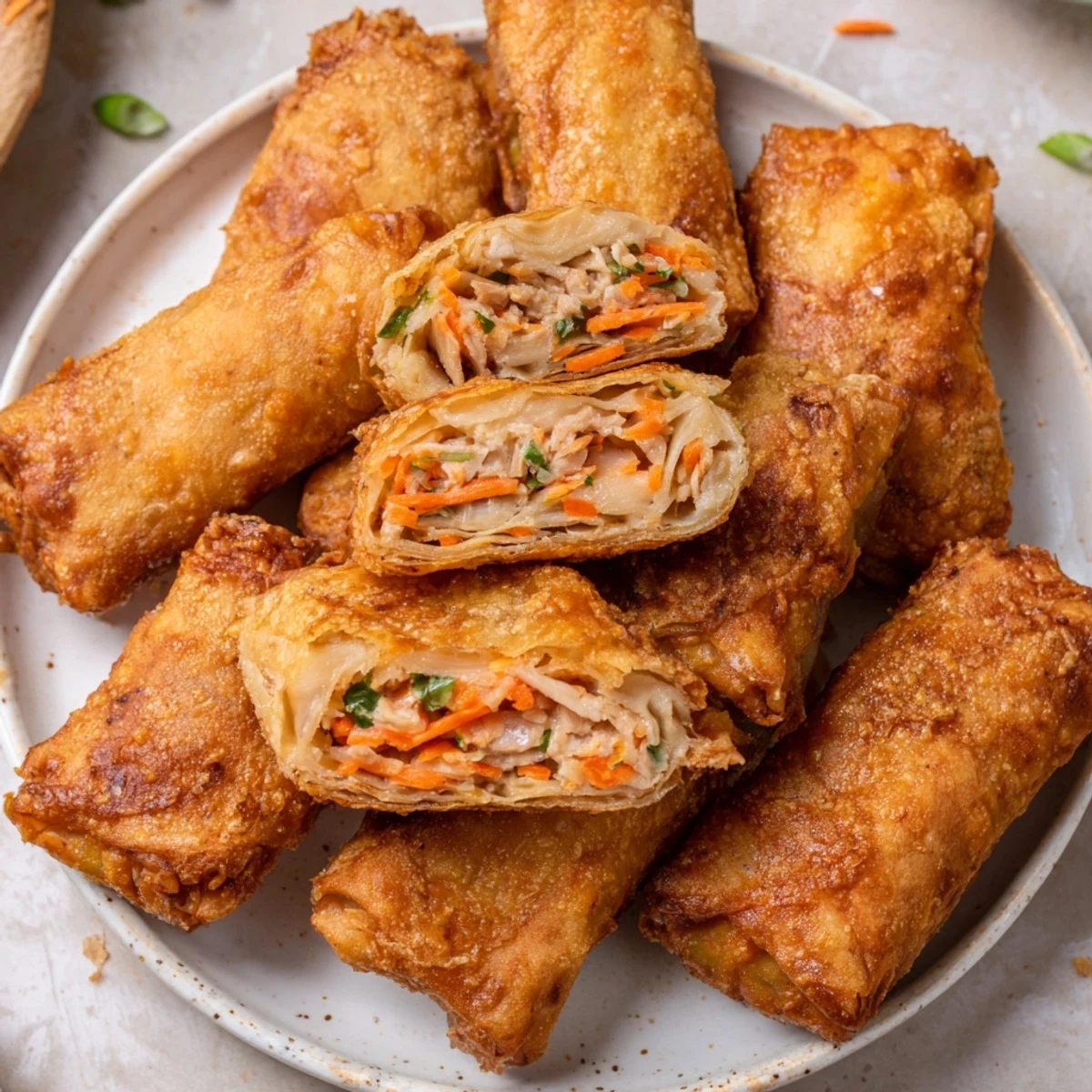Golden, crispy air fryer chicken lumpia bites ready to be dipped in a flavorful sauce.
