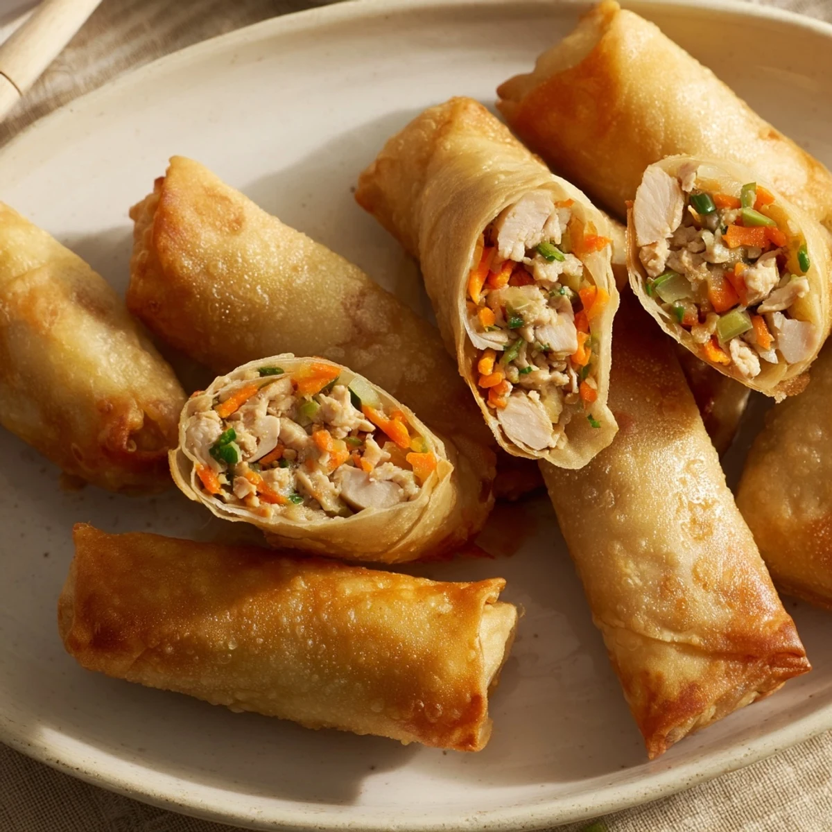 Close-up of air fryer chicken lumpia bites, showcasing the flaky pastry and savory filling.