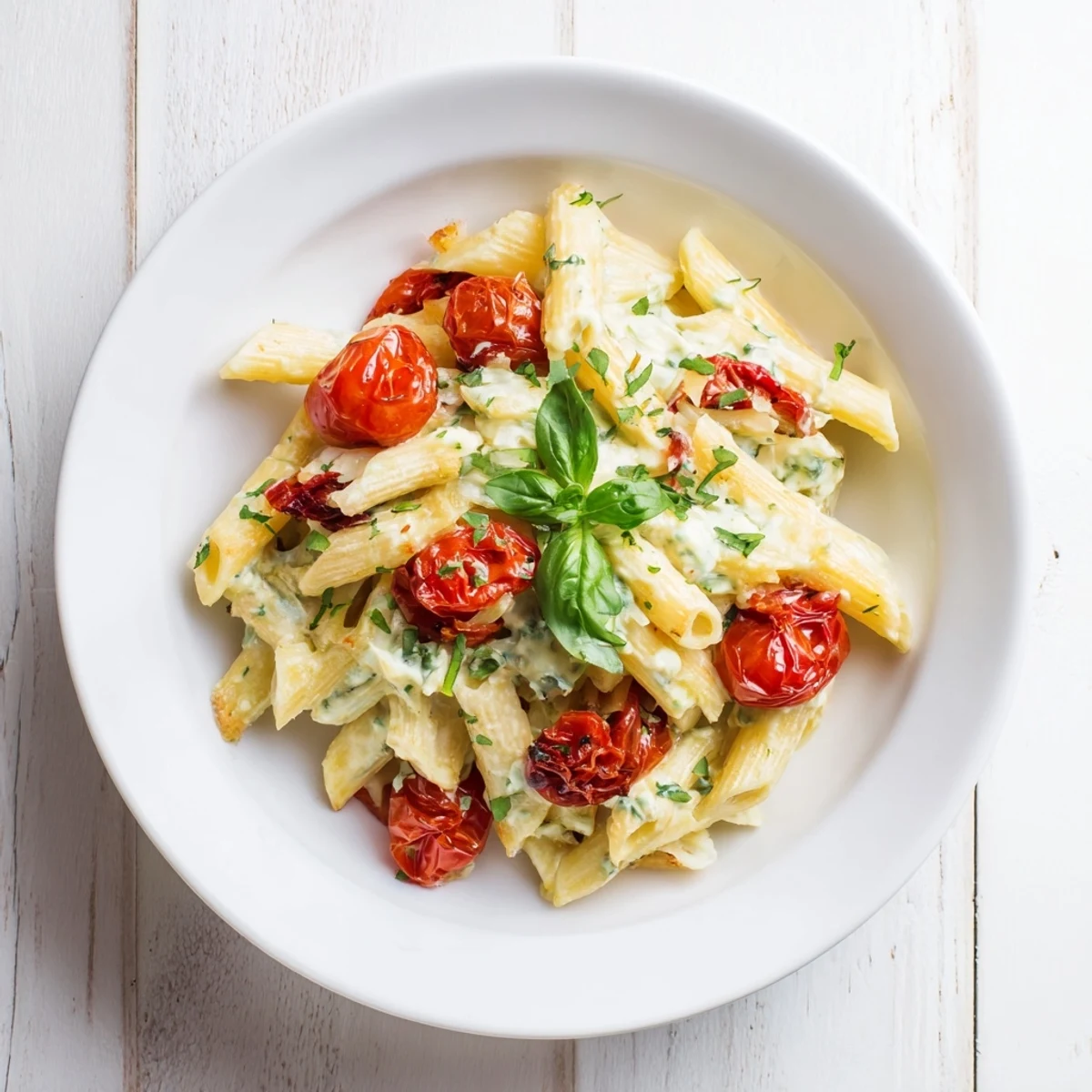 A close-up of creamy Boursin cheese pasta with vibrant roasted cherry tomatoes ready to serve.