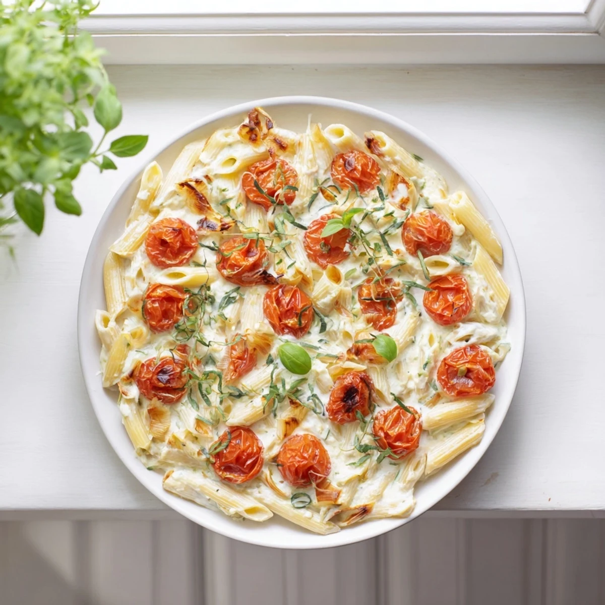 Perfectly cooked penne pasta tossed in a rich Boursin cheese sauce and roasted cherry tomatoes.