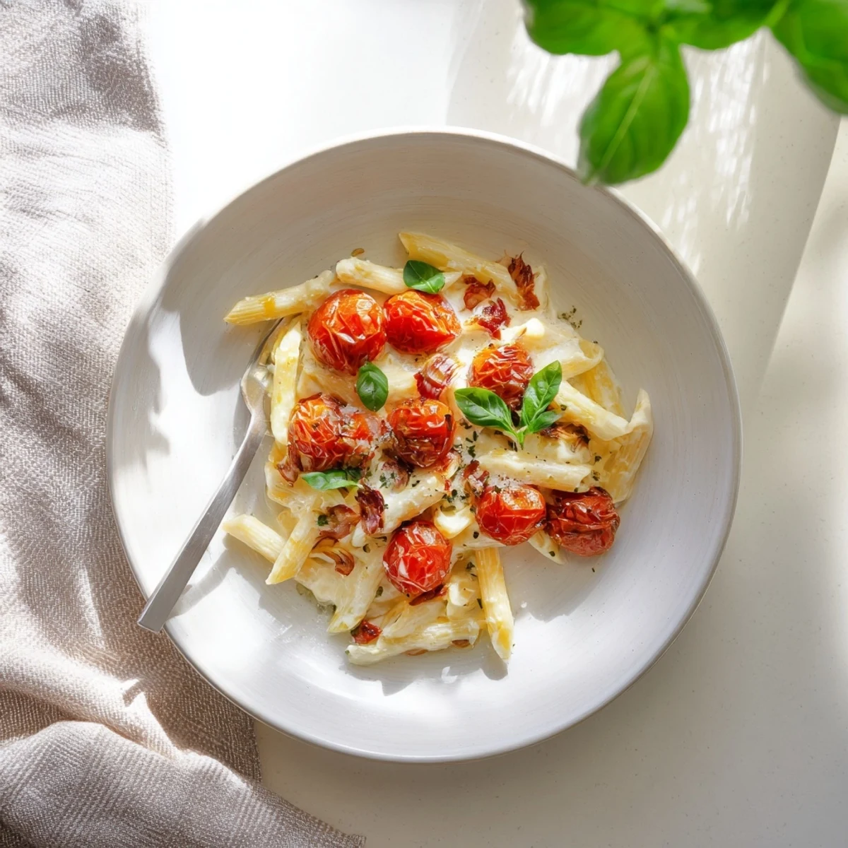 Melty Boursin cheese blends with tomatoes to create a sauce for this flavorful pasta dish.