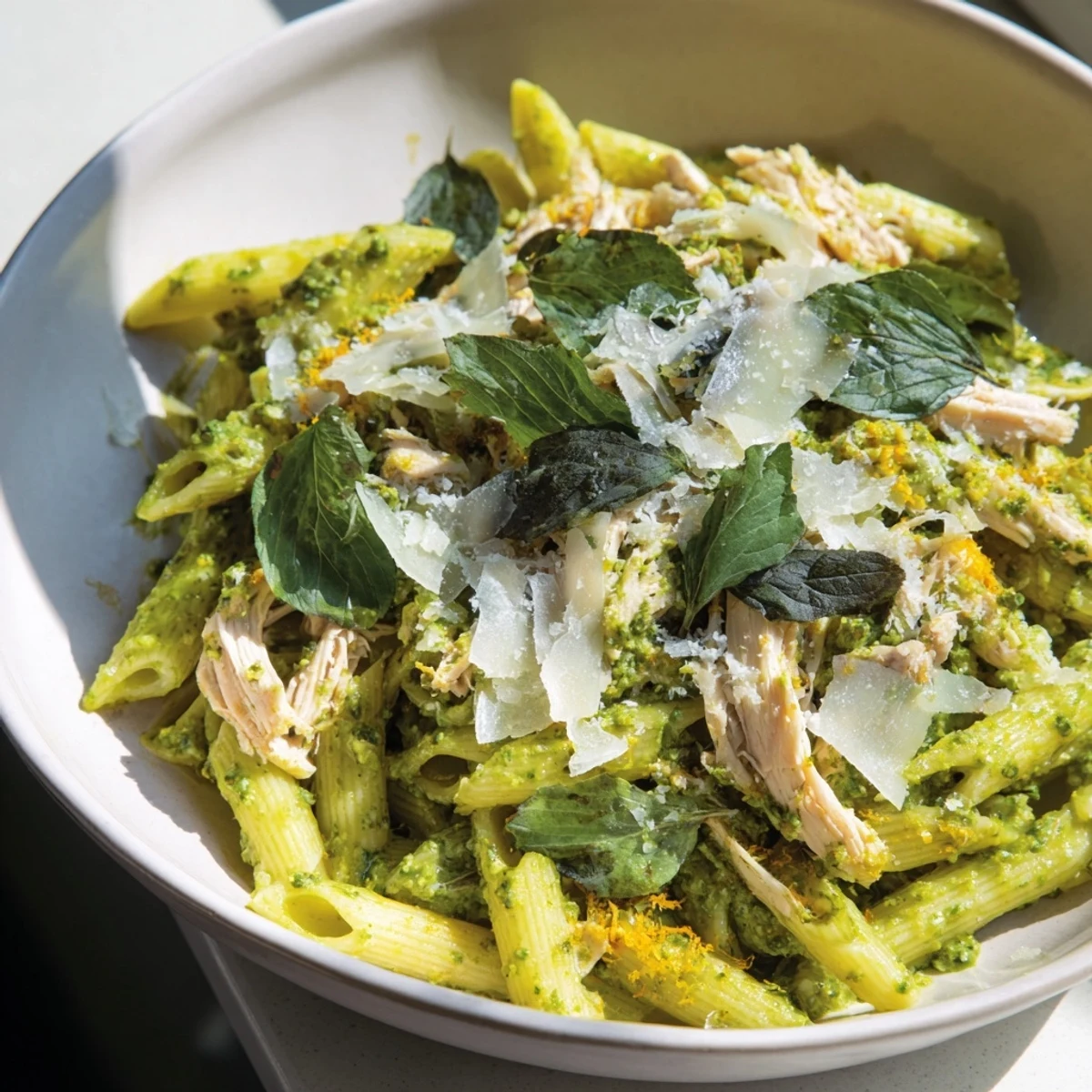 Steaming bowl of 10-Minute Pesto Pasta with Chicken, tossed in vibrant pesto and Parmesan cheese.