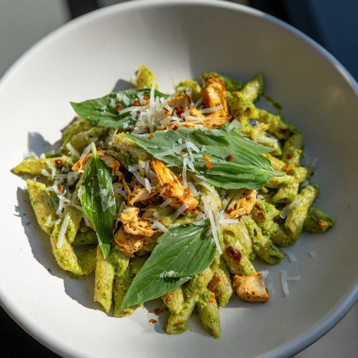 Creamy, comforting 10-Minute Pesto Pasta with Chicken featuring juicy chicken and delicious pesto sauce.