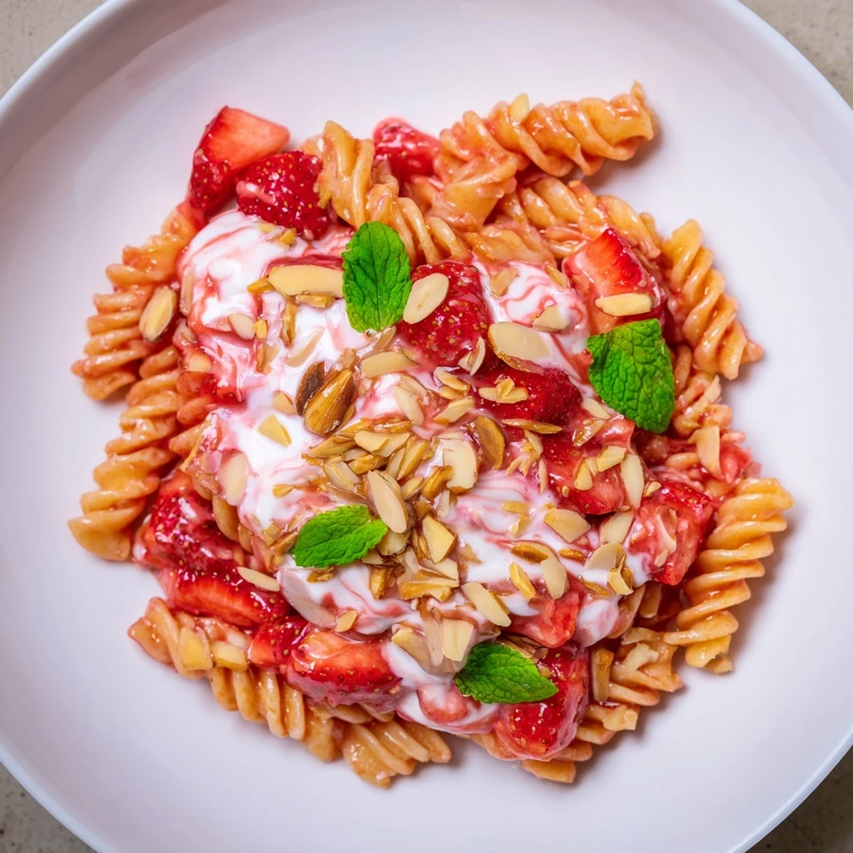 Sweet Strawberry Yogurt Pasta, a refreshing dish, served in a white bowl with fresh strawberry garnish.