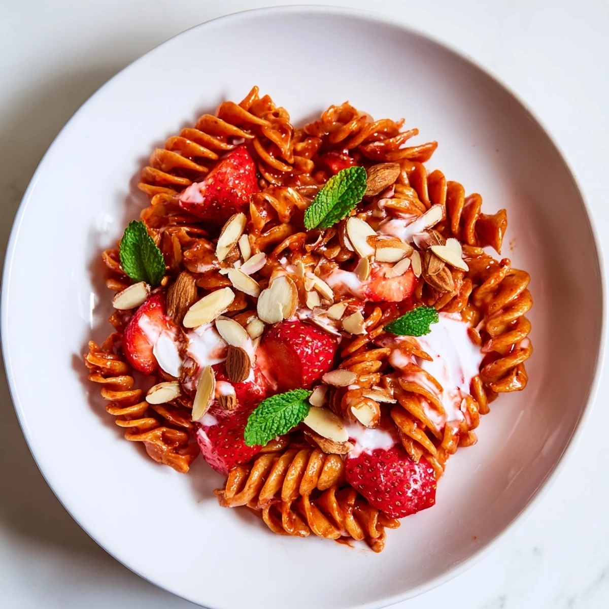 A close-up of Sweet Strawberry Yogurt Pasta: a light, fruity pasta salad with yogurt and fresh mint.