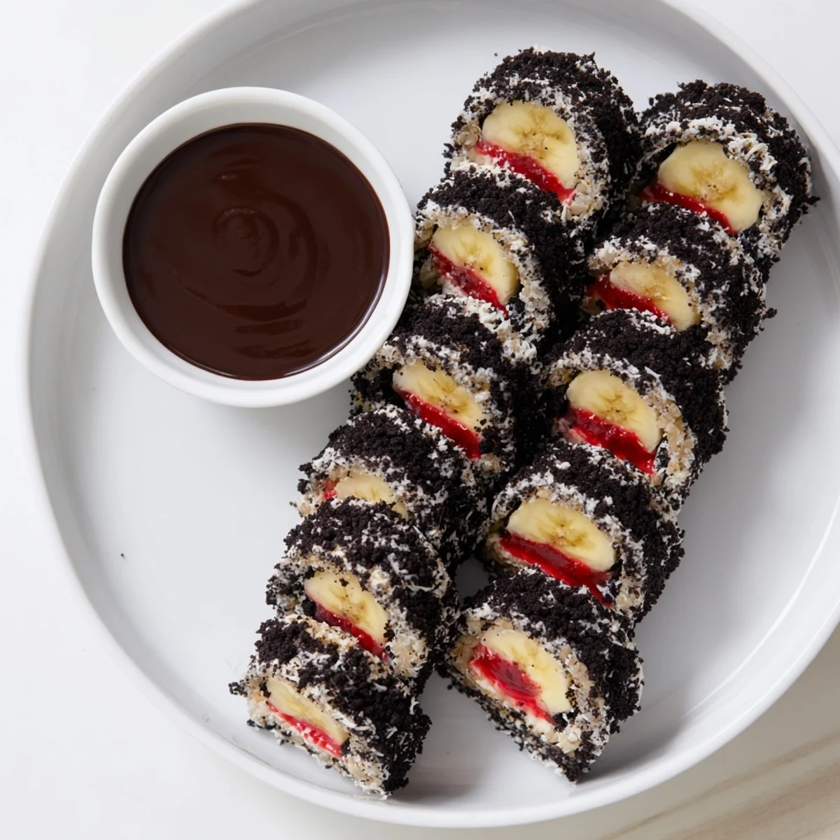 Decadent Oreo Cookie Sushi Rolls with a rich chocolate soy dip, a fun dessert.