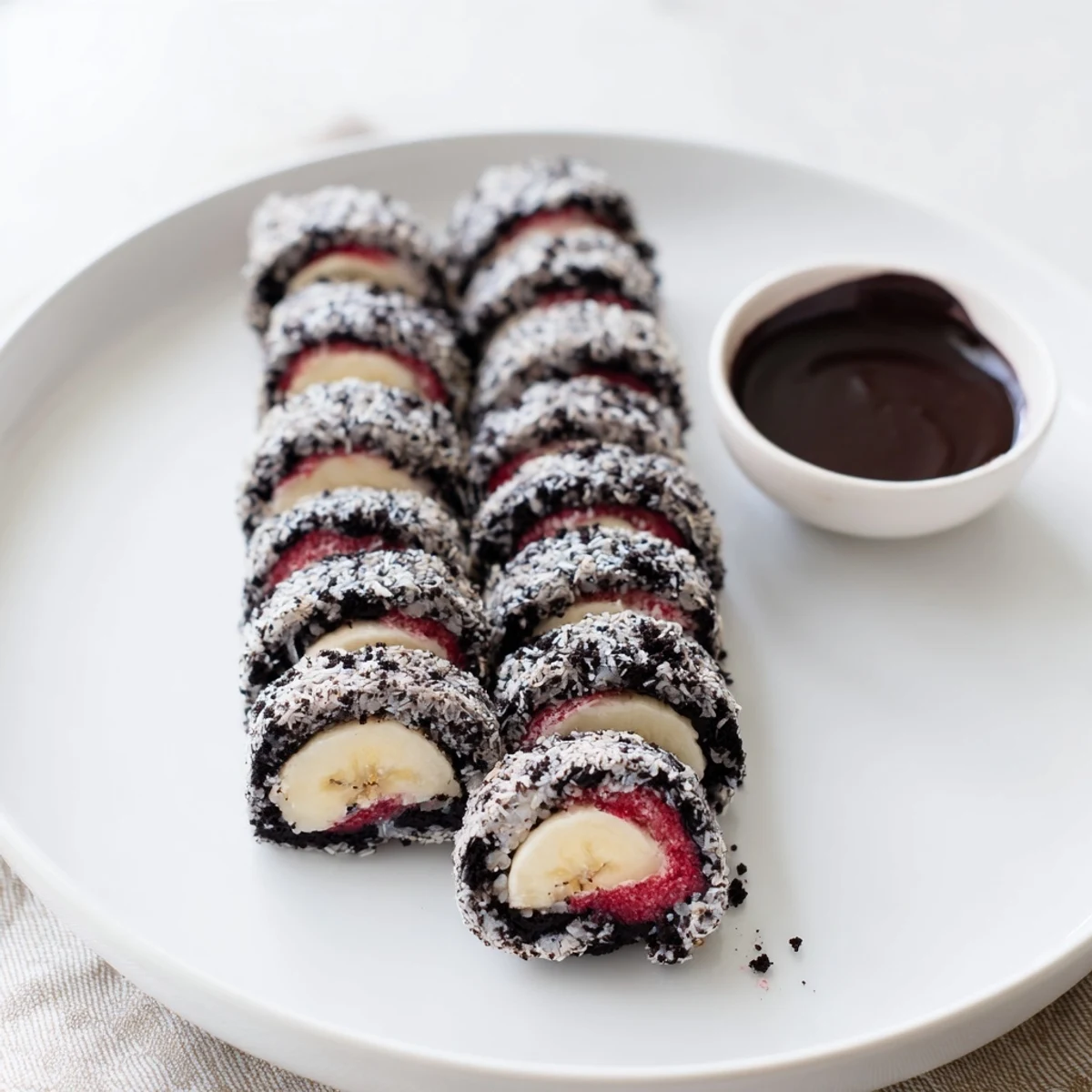 Vibrant plate of playful Oreo Cookie Sushi Rolls, perfect for a sweet treat or party appetizer.