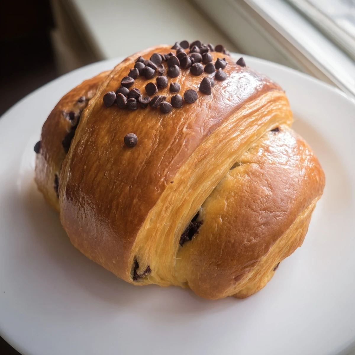Warm, freshly baked chocolate cookie croissants with flaky, golden-brown layers and gooey chocolate filling.