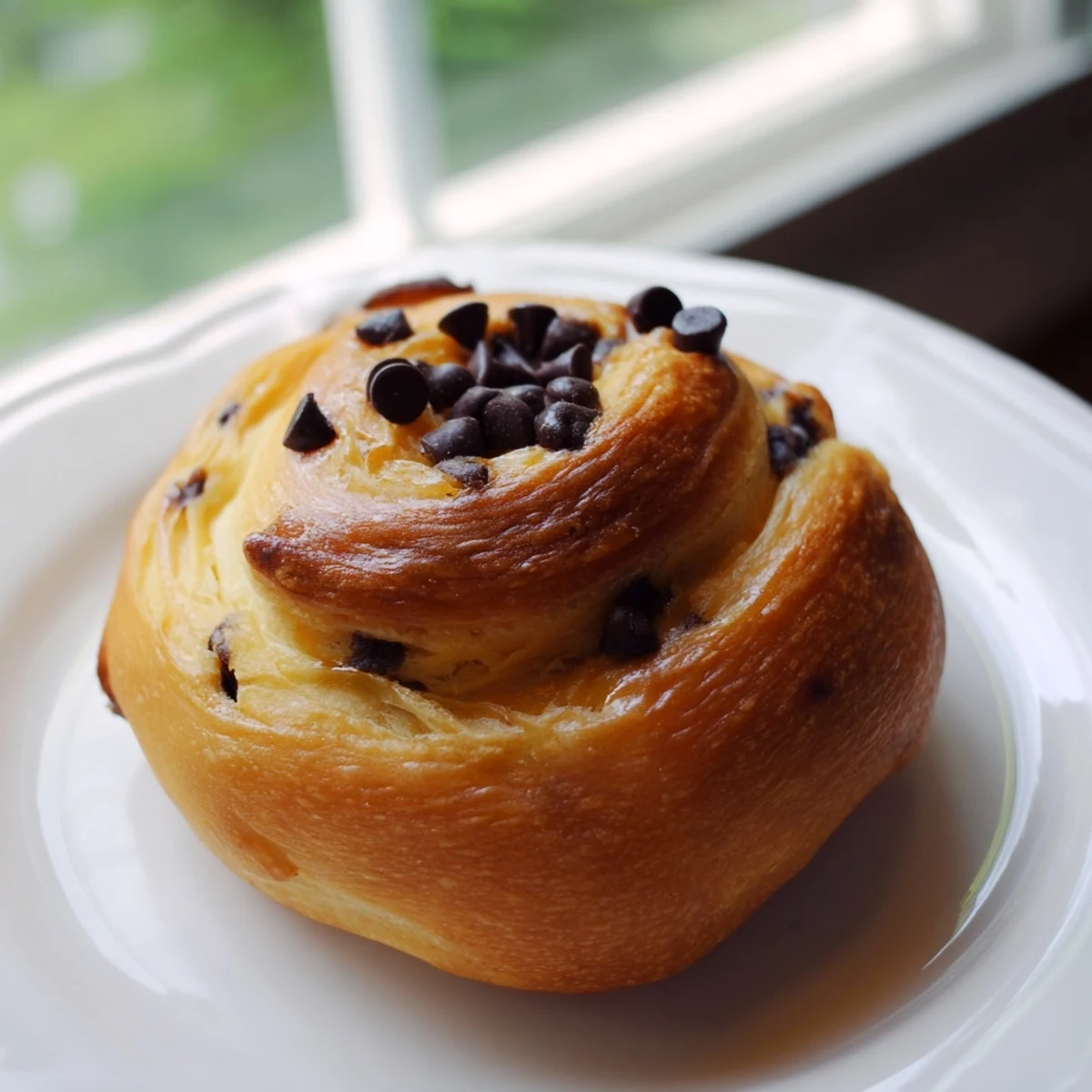 A close-up of decadent chocolate cookie croissants, displaying a perfect, buttery texture and melted chocolate chips.