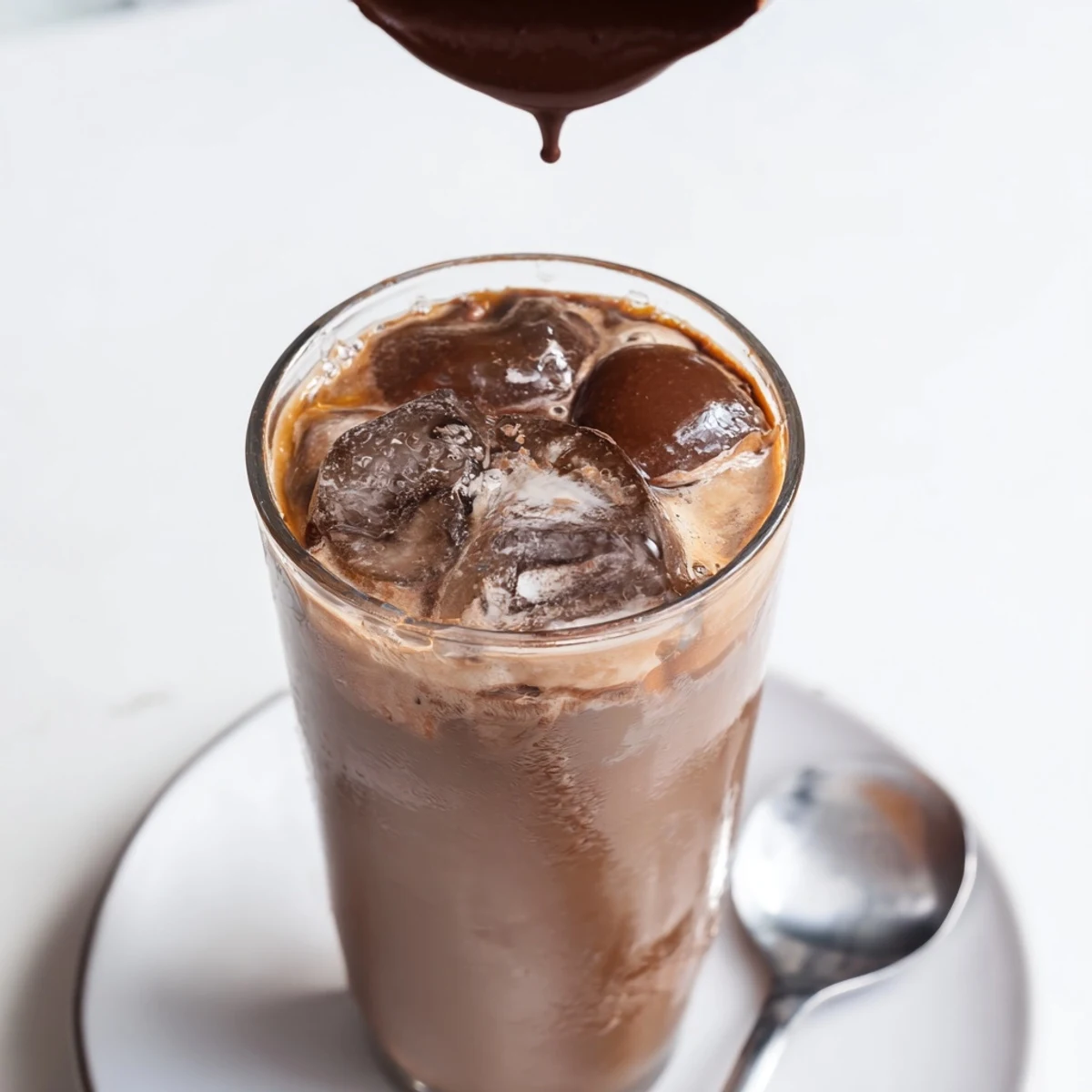 Rich, dark chocolate cracks atop a chilled Chocolate Cracking Iced Latte, a perfect summer coffee treat.