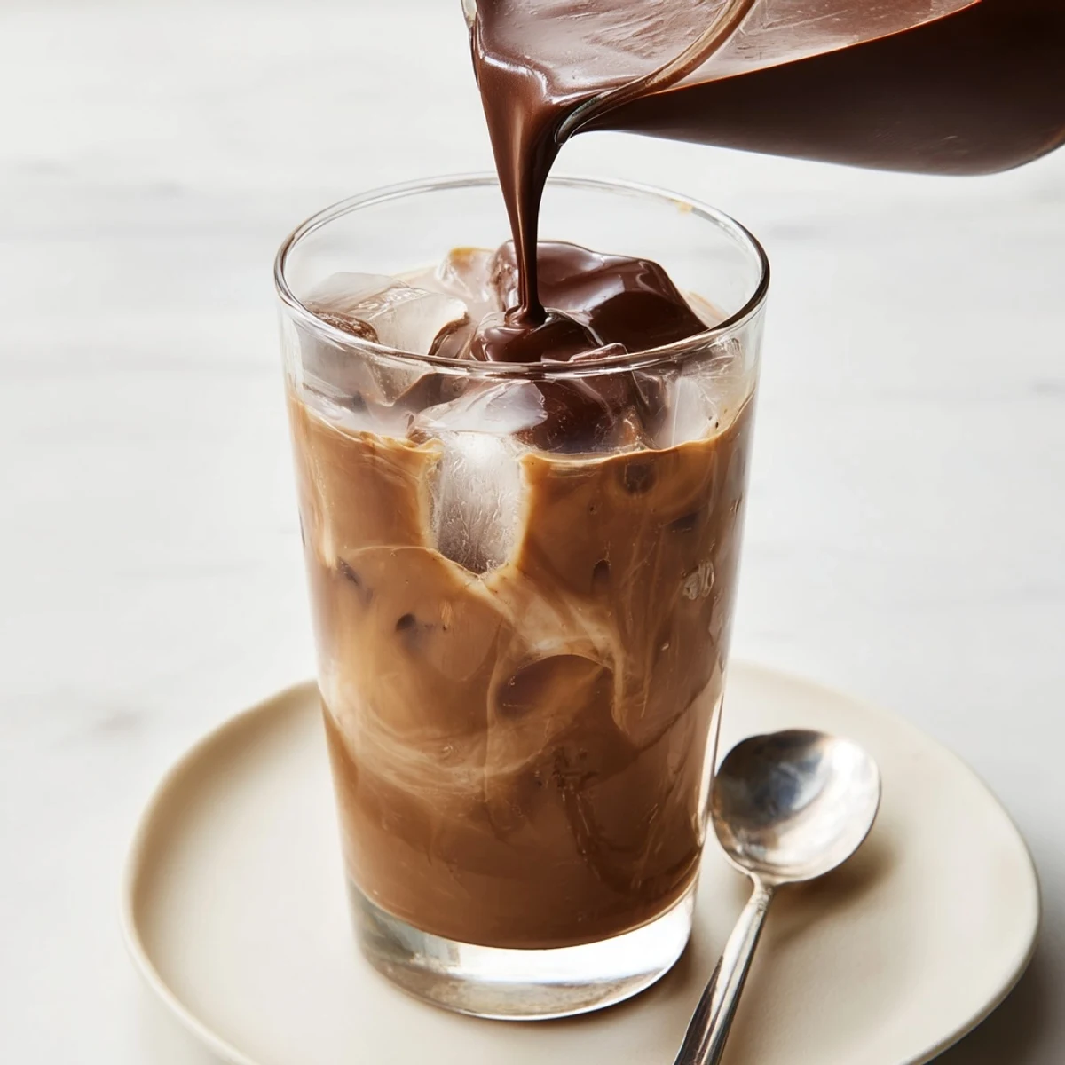 A close-up of a decadent Chocolate Cracking Iced Latte reveals the satisfying chocolate layer before stirring.