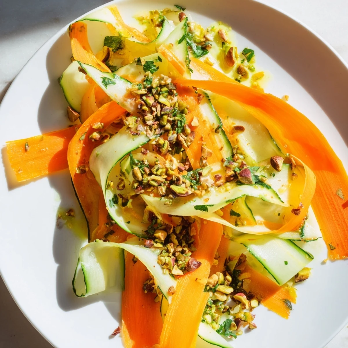 Bright Citrus Carrot Ribbon Salad features vibrant orange and yellow carrot ribbons with fresh herbs.
