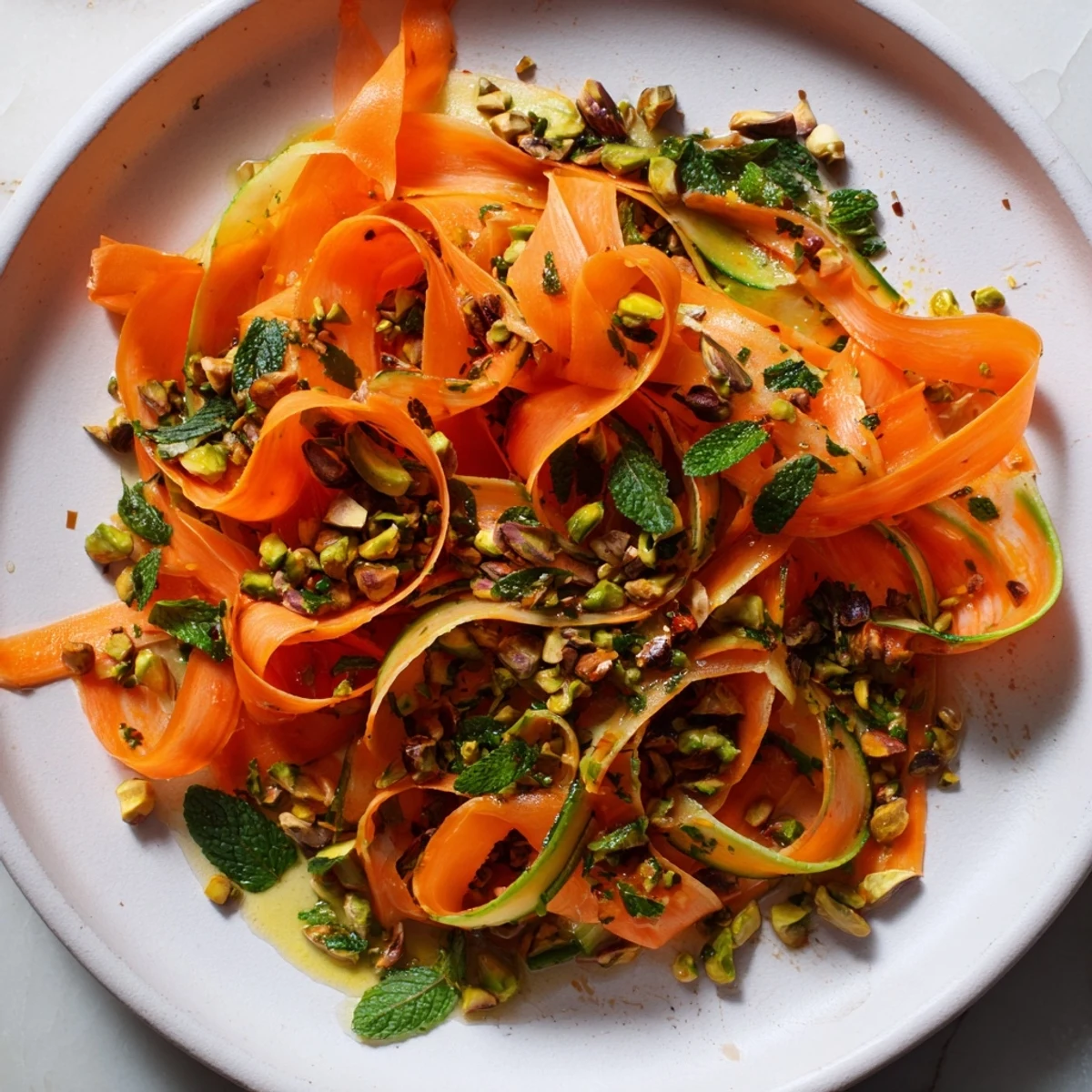 Enjoy a refreshing Citrus Carrot Ribbon Salad, lightly tossed, with bright citrus dressing and mint.