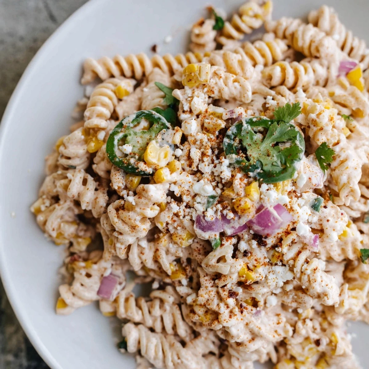 Creamy Street Corn Pasta Salad with charred corn kernels and a vibrant, flavorful dressing for summer.
