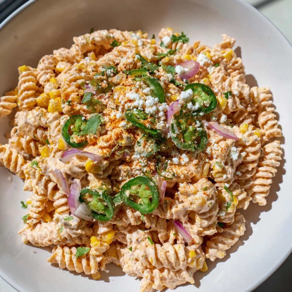 A bowl of Creamy Street Corn Pasta Salad, perfectly tossed with fresh herbs and crumbled cotija cheese.