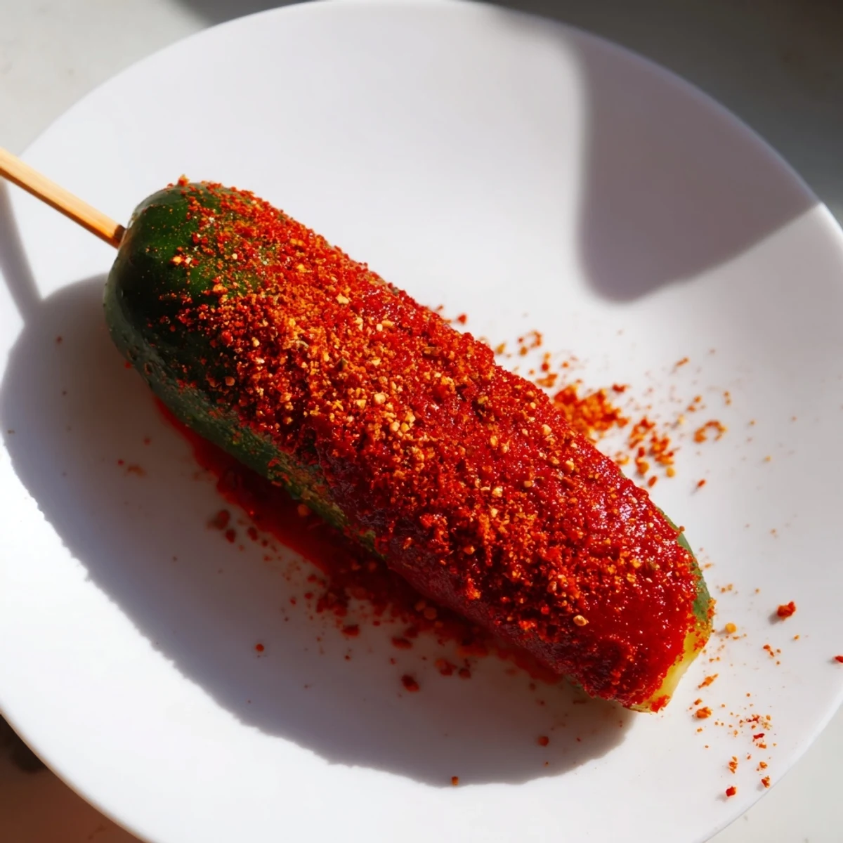 Chamoy-Tajín pickle sticks gleam, coated in vibrant red chamoy and zesty Tajín seasoning.