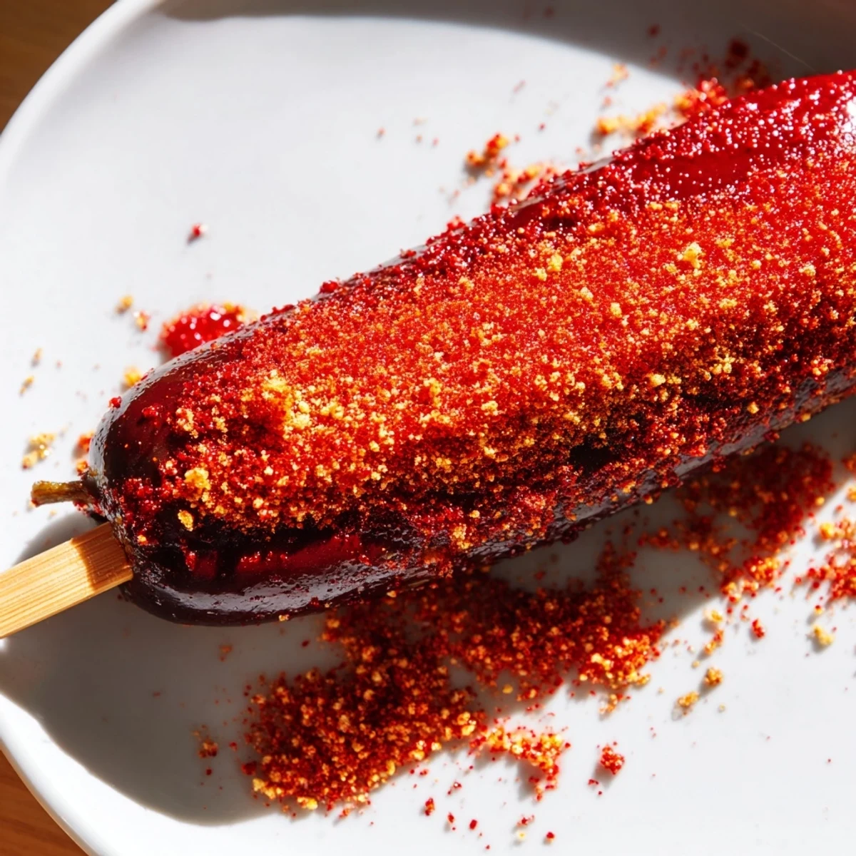 Crisp dill pickles transformed into addictive Chamoy-Tajín pickle sticks, ready to eat now!