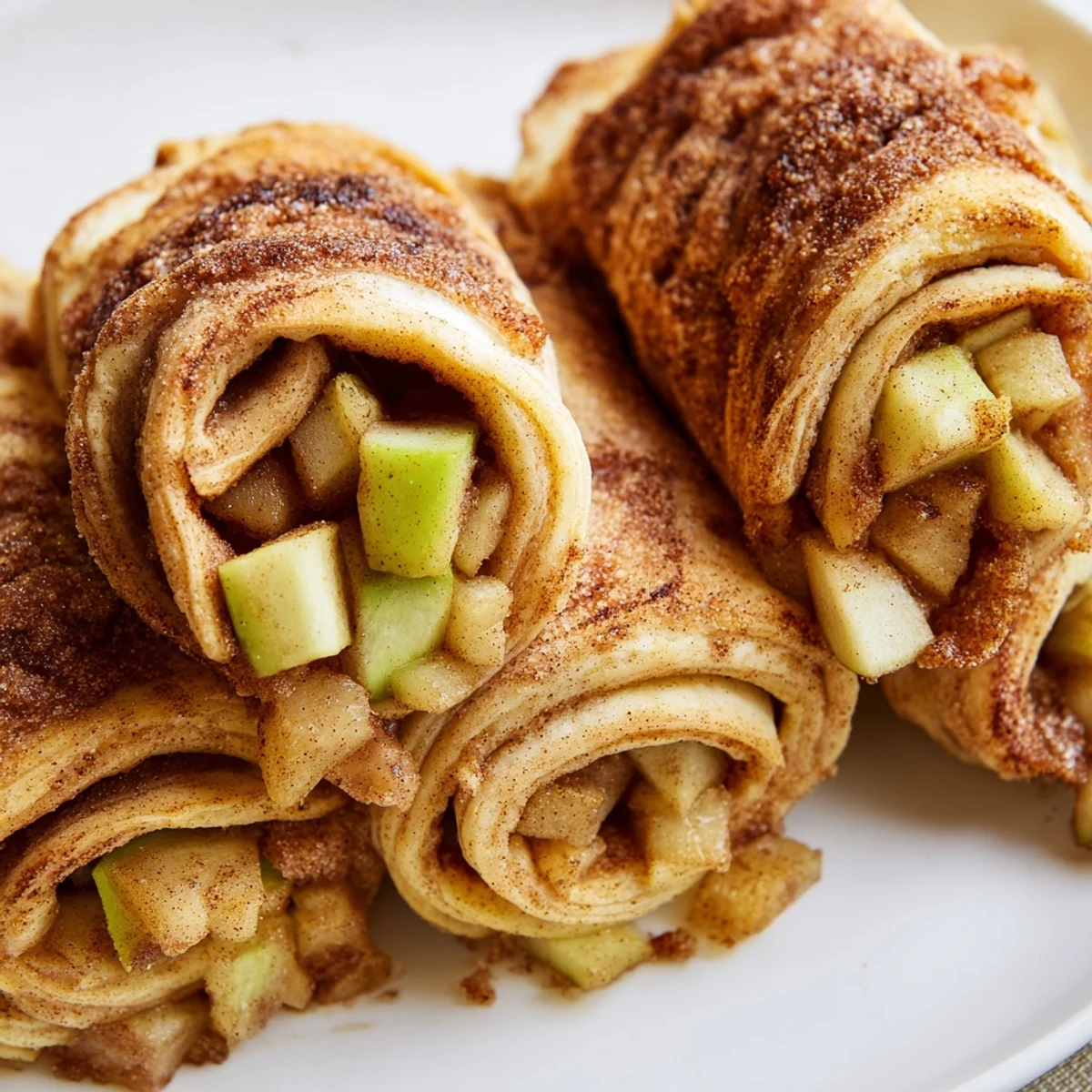 Golden and crispy apple pie roll-ups, a quick dessert with spiced apple filling inside.