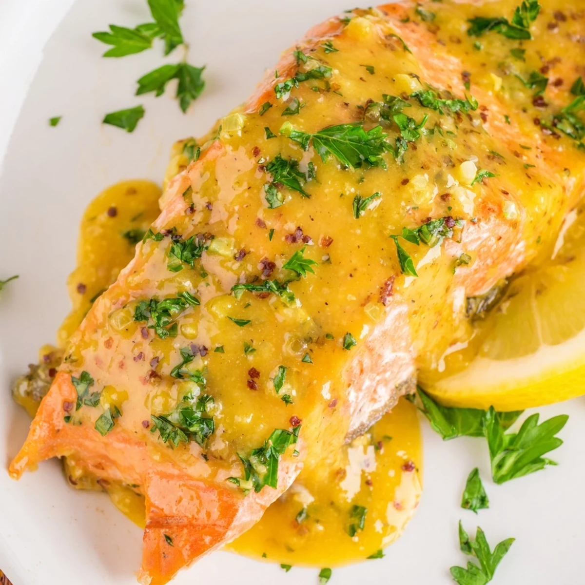 Golden-glazed Honey Mustard Salmon glistening on a baking sheet, ready for a delicious dinner.