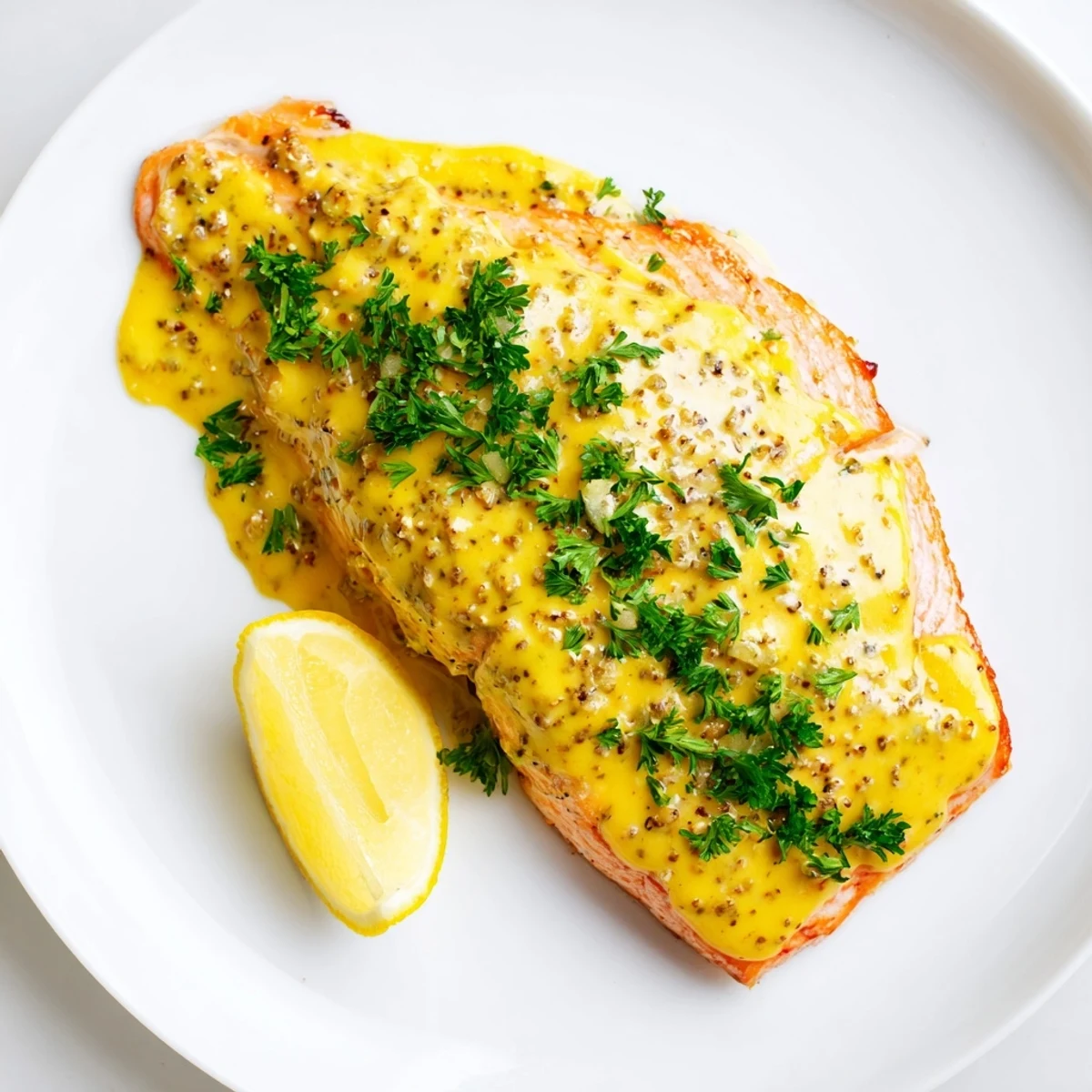 Flaky Honey Mustard Salmon, coated in a sweet and savory sauce, served with fresh parsley garnish.