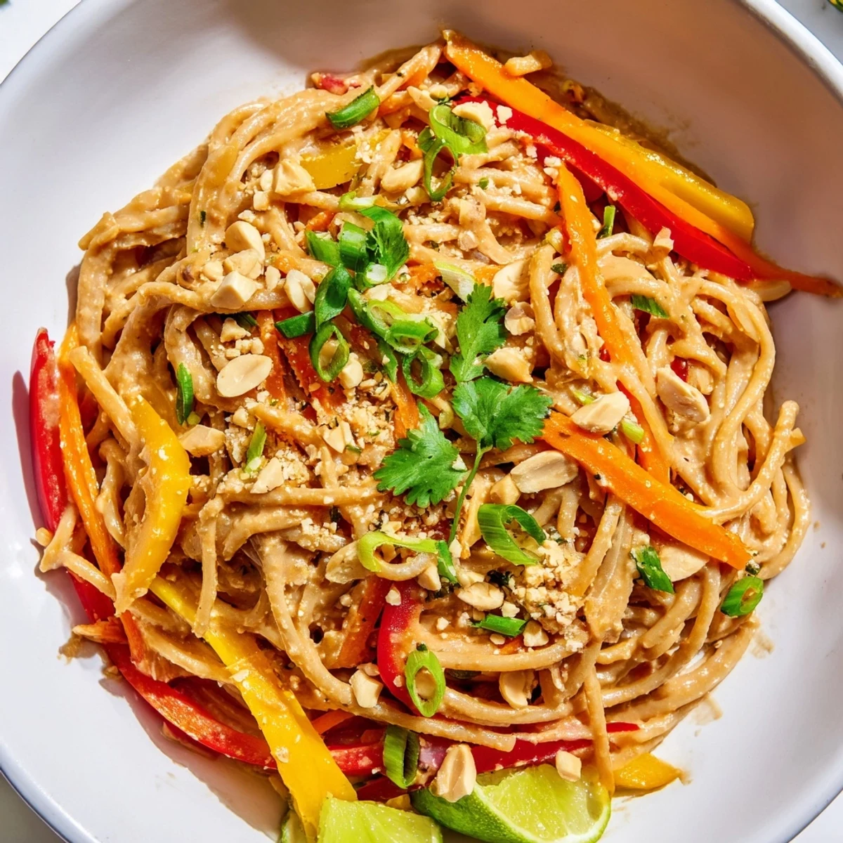 Steaming bowl of spicy peanut noodles, coated in rich peanut sauce, with vibrant bell peppers.