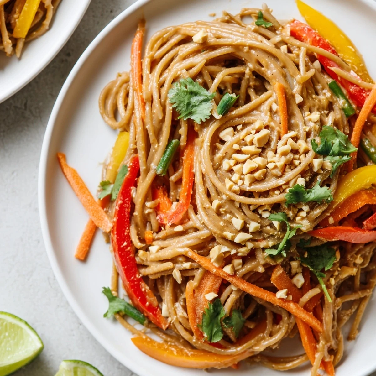 Tantalizing view of vegetarian spicy peanut noodles, garnished with scallions and lime wedges, ready to eat.