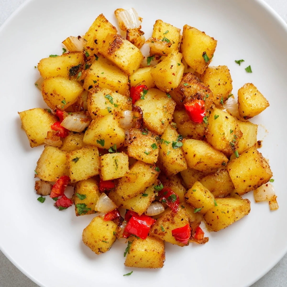 Air Fryer Breakfast Potatoes, a delicious breakfast side bursting with flavors, with herbs as garnish.
