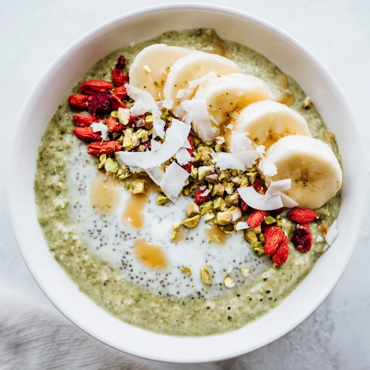 Creamy green Matcha Overnight Oats topped with fresh berries, perfect for a quick breakfast.