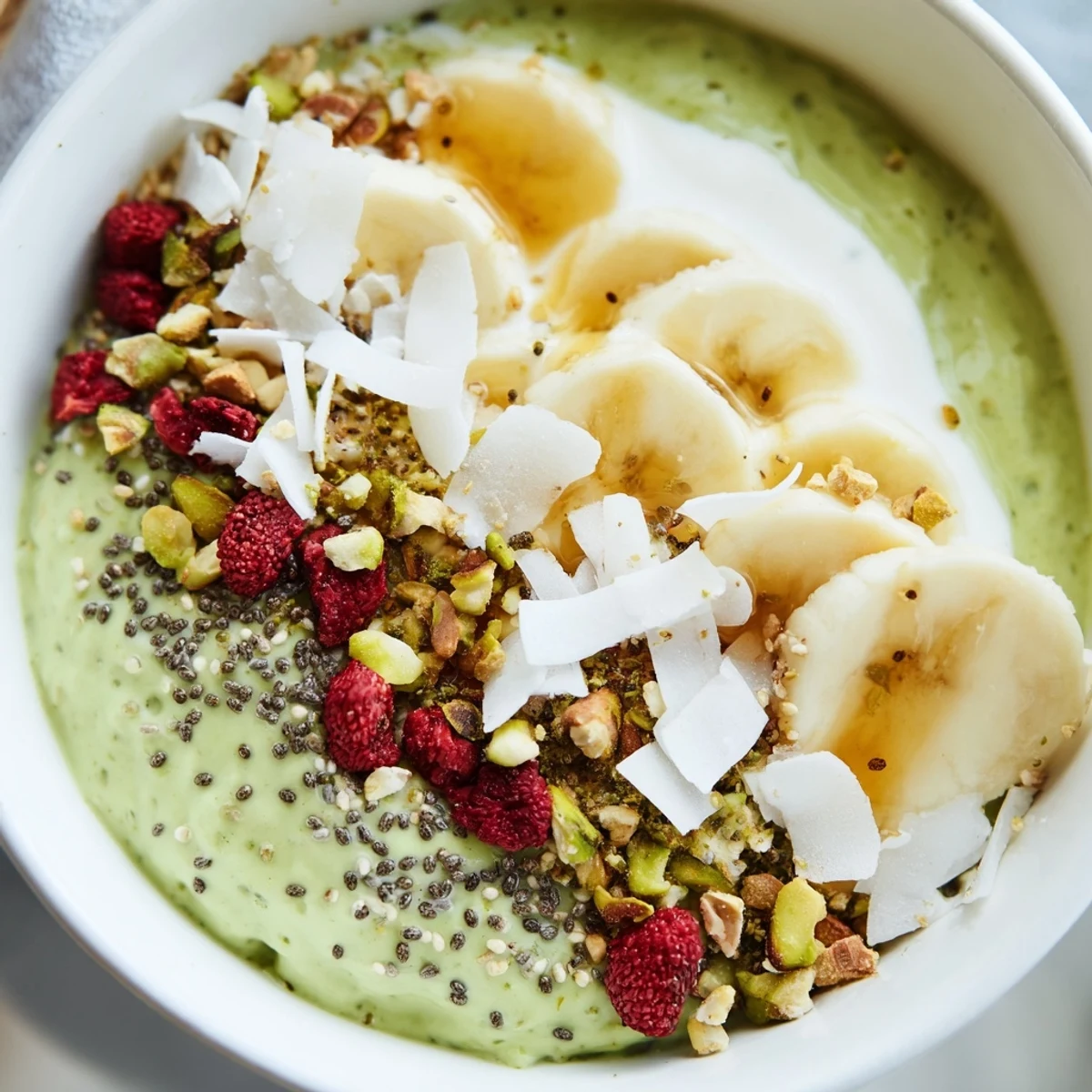 Enjoy a layered jar of Matcha Overnight Oats, chilled and ready to eat with sliced banana.