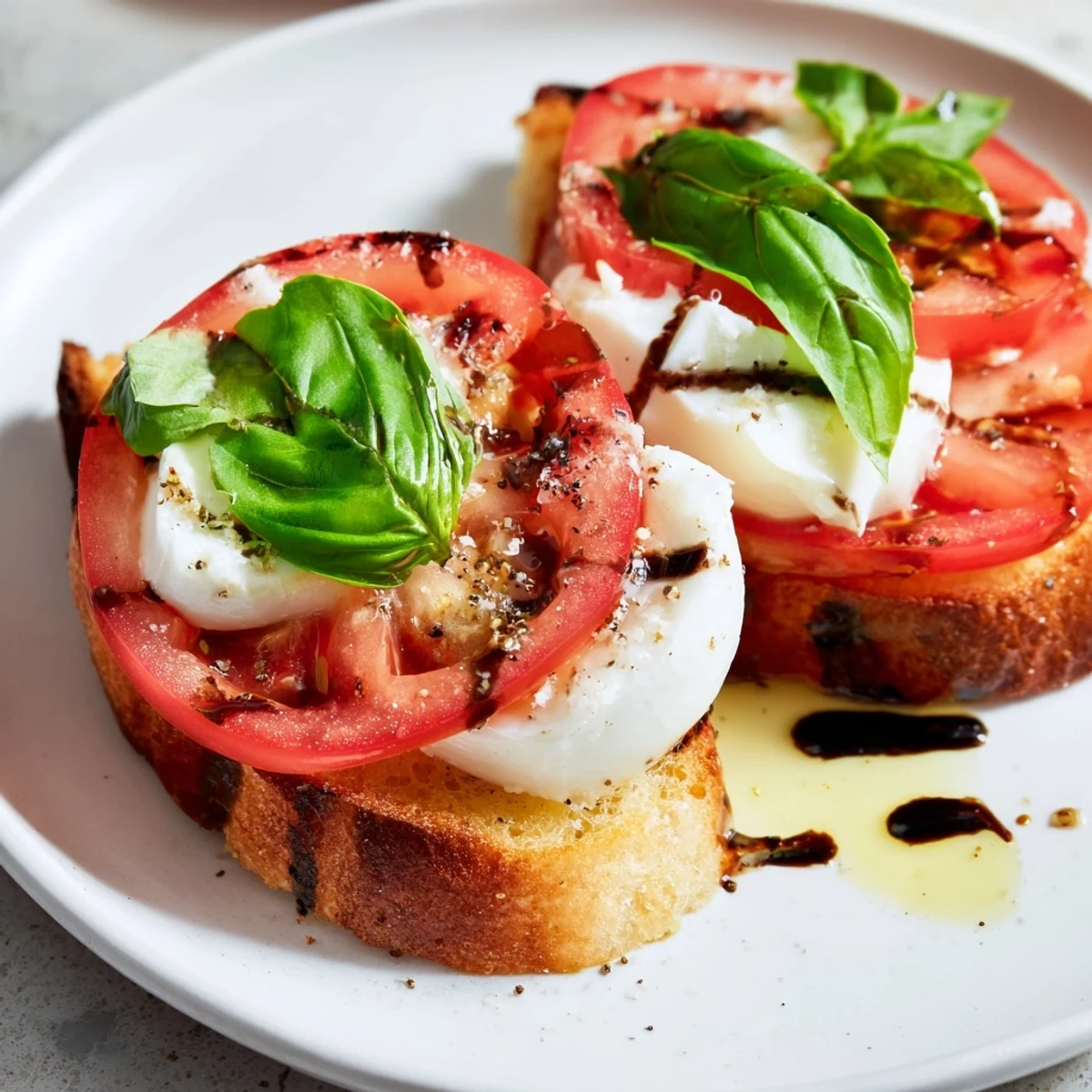 Golden sourdough topped with fresh, creamy tomato burrata toast, basil, and a drizzle of balsamic glaze.