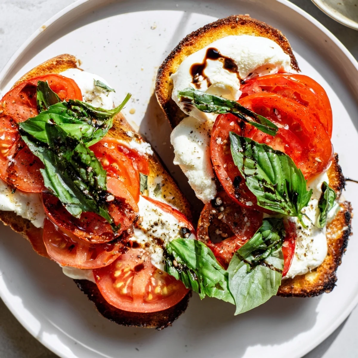 A close-up of the delicious tomato burrata toast, showing perfectly ripe tomato slices and soft burrata.