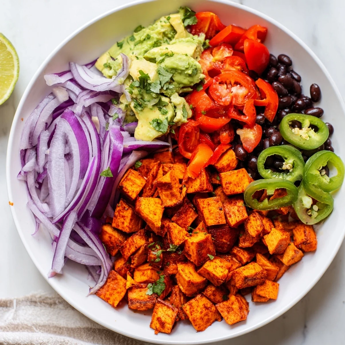 Bright, colorful Sweet Potato Taco Bowls: roasted vegetables with a vibrant lime dressing.