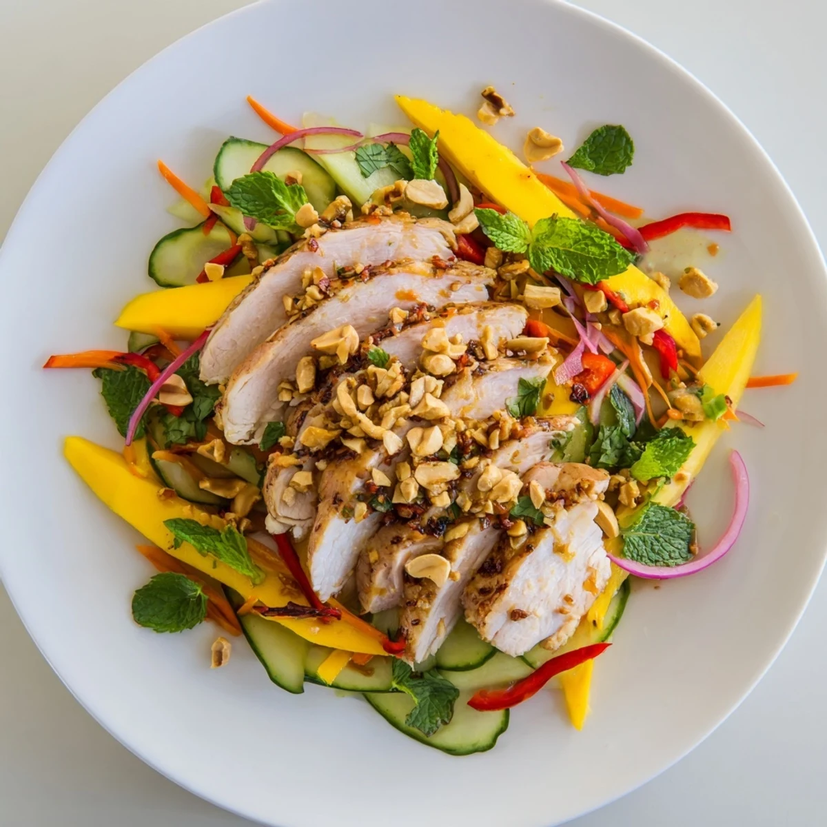 Fresh, colorful Thai Mango Chicken Salad, featuring juicy mango and tender grilled chicken, ready to eat.