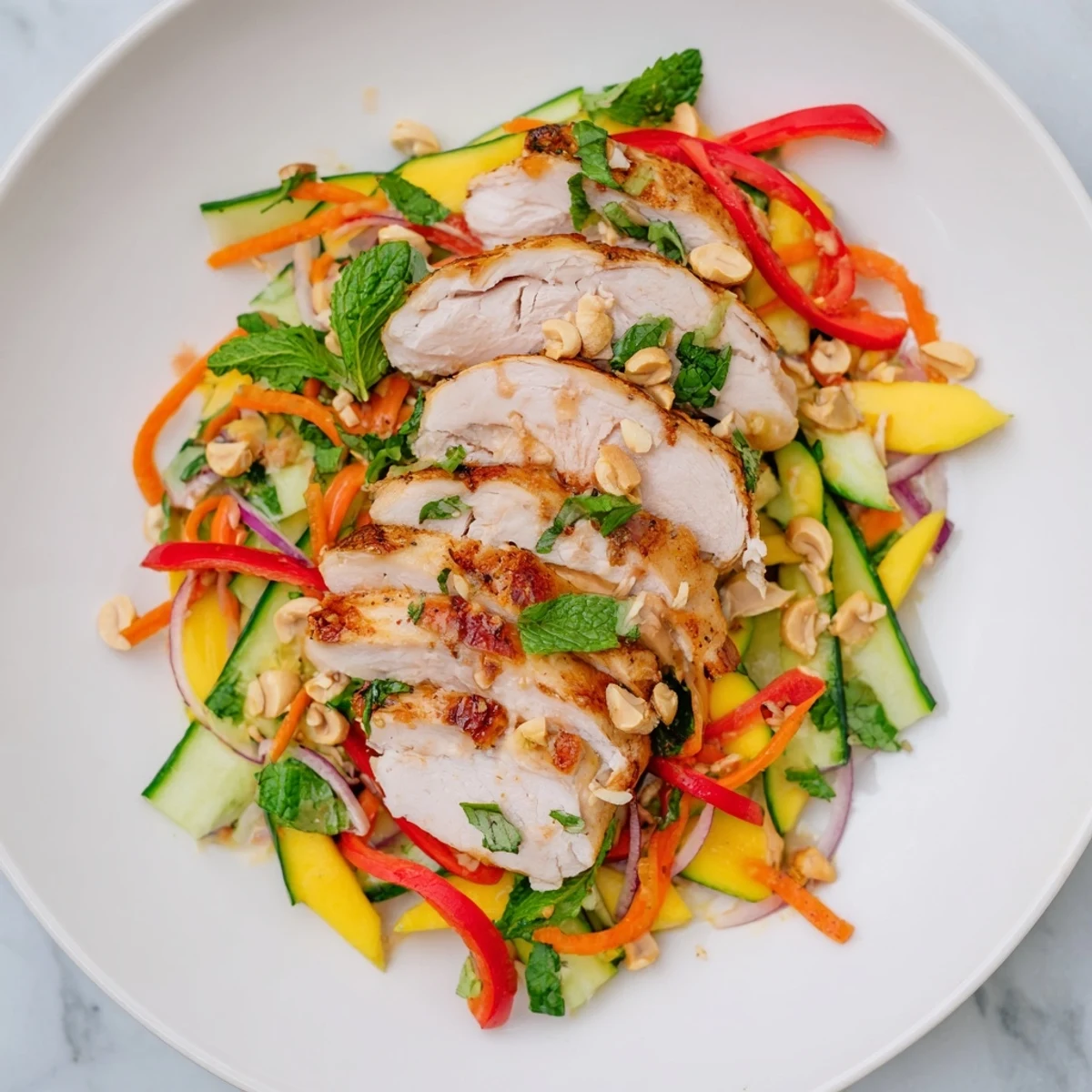Delicious, gluten-free Thai Mango Chicken Salad with vibrant mango and chicken, perfect for a light meal.