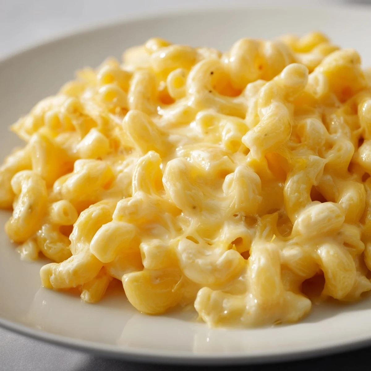 A close-up of creamy, homemade mac and cheese, perfectly cheesy with a rich sauce.