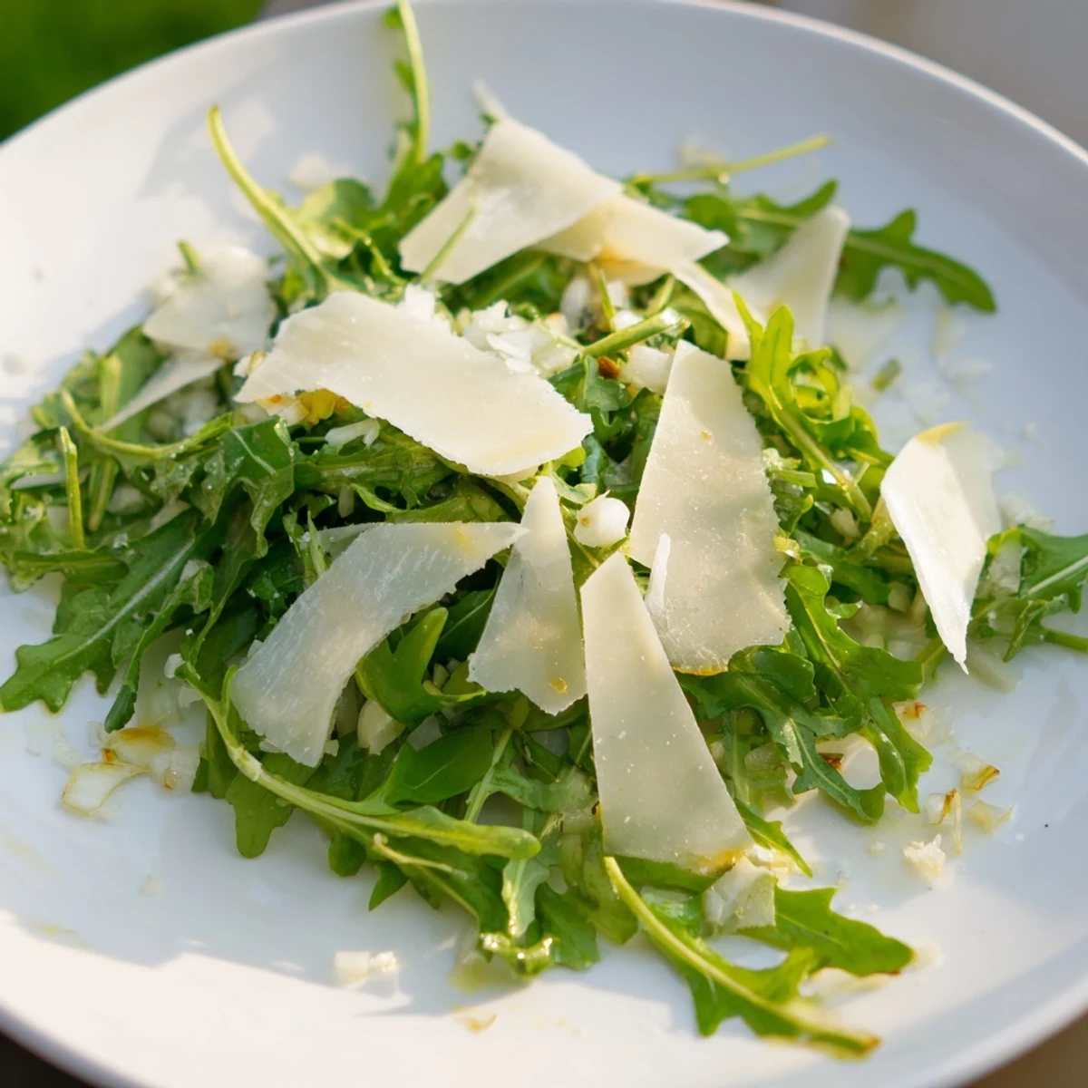 Fresh, peppery arugula salad with bright lemon dressing and shaved Parmesan, so flavorful.
