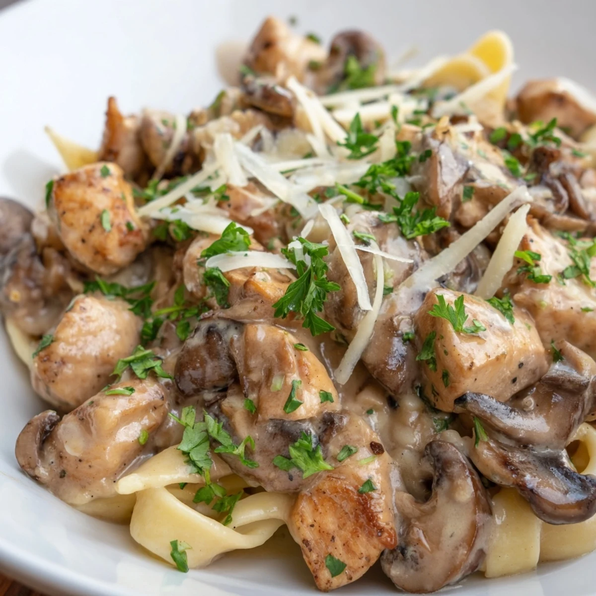 Steaming Creamy Mushroom Chicken Pasta featuring golden chicken and tender mushrooms, a beautiful dish.