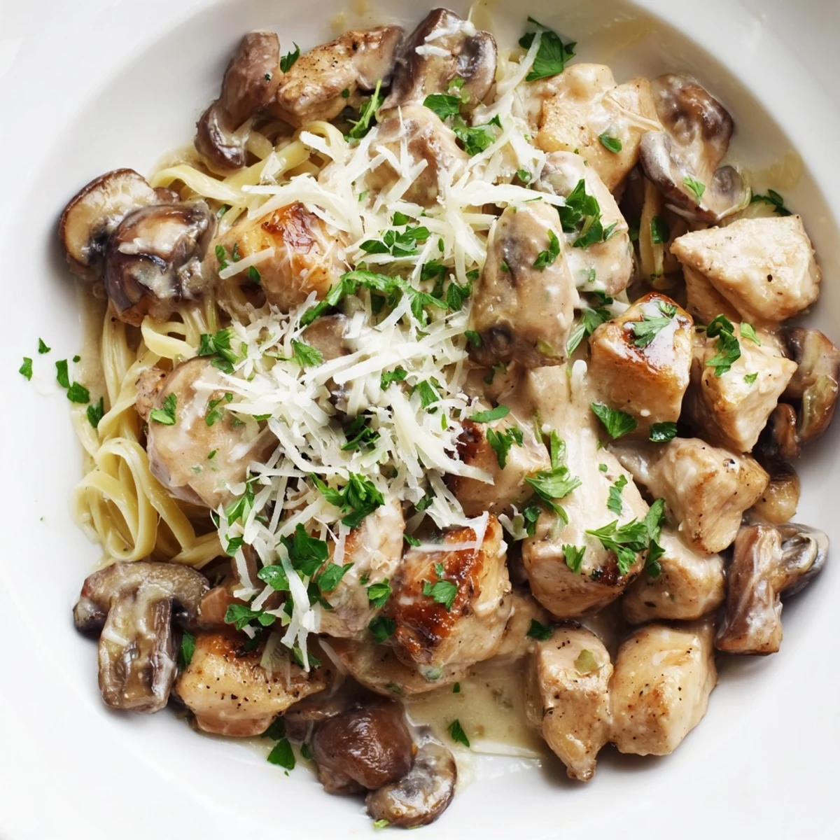 Enjoy a comforting bowl of creamy mushroom chicken pasta with rich sauce and fresh parsley garnish.