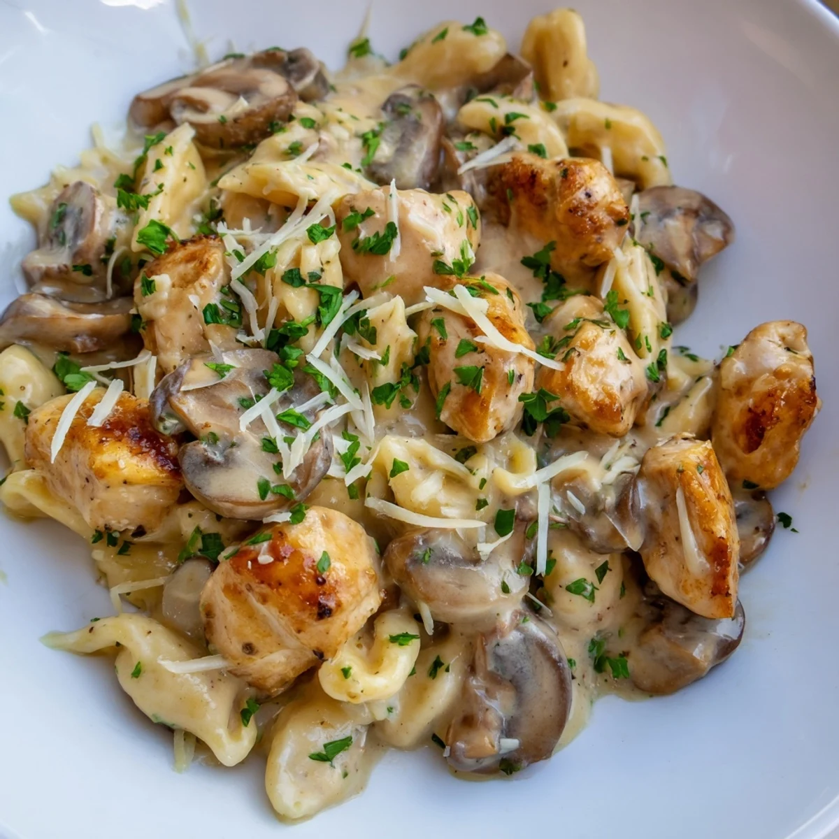 Savor the aroma of this Italian-American, creamy mushroom chicken pasta, perfectly plated and ready to eat.