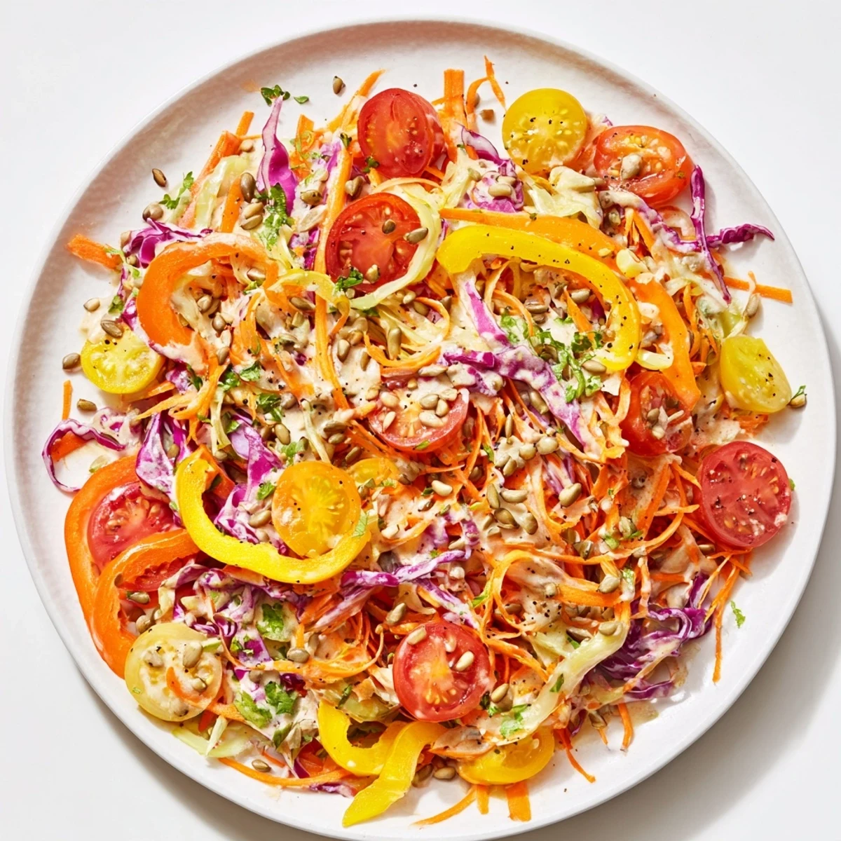 Vibrant Rainbow Salad: a colorful medley of crisp vegetables, tossed in creamy, tangy tahini dressing.