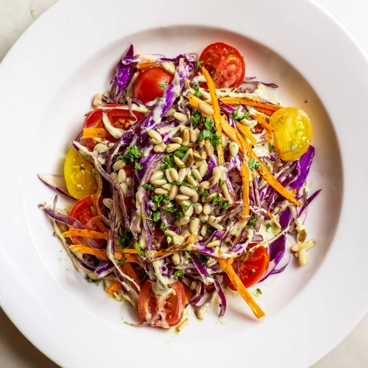 Fresh Rainbow Salad, visually appealing: a healthy vegan meal with bright red and yellow peppers.