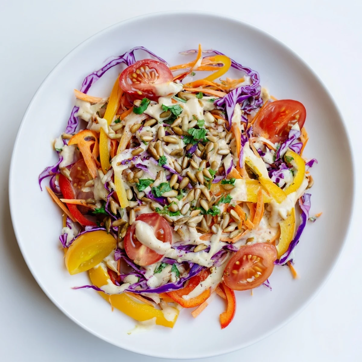 Delicious Rainbow Salad with added herbs; imagine this refreshing salad's crisp textures and flavors.